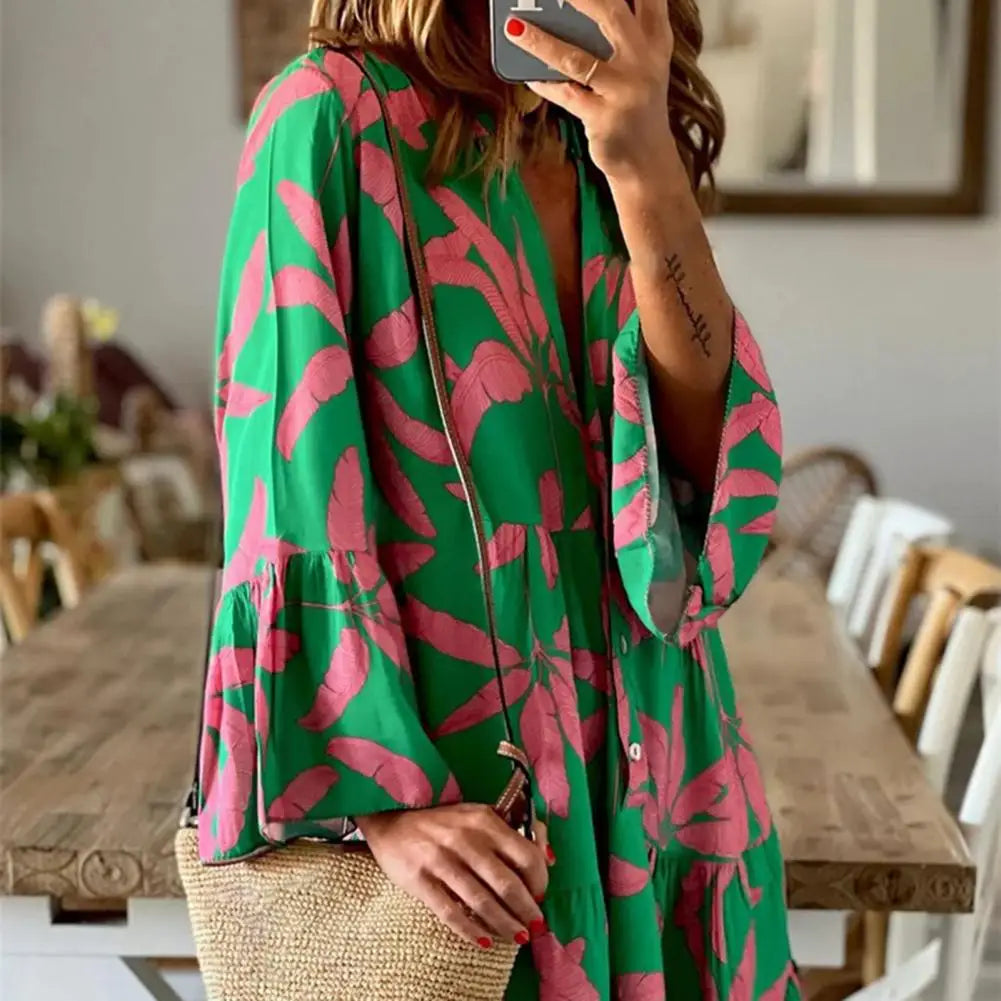 Petra | Vestido Tropical con Estampado y Botones