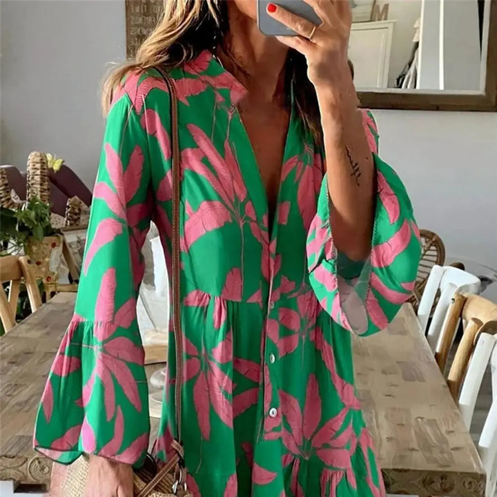 Petra | Vestido Tropical con Estampado y Botones